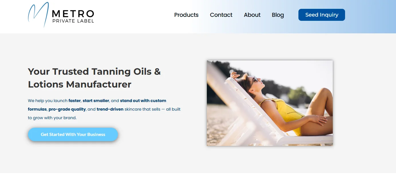 Metro Private Label website featuring a woman in a yellow swimsuit sunbathing on a lounger, promoting tanning oils.